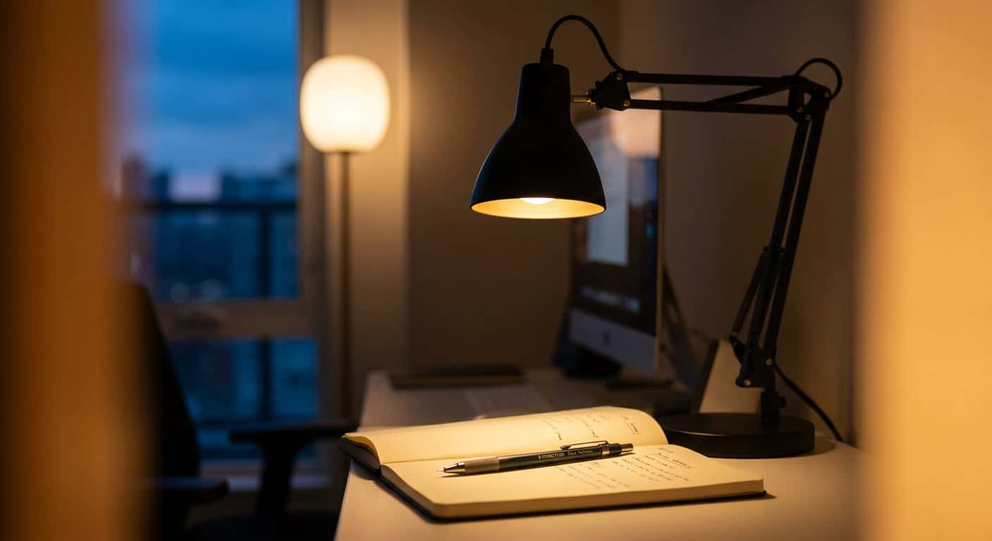 Schreibtisch am frühen Abend. Moderne verstellbare Schreibtischlampe in mattem Schwarz richtet warmes Licht auf ein offenes Notizbuch und einen Staedtler-Druckbleistift. Hinter dem Schreibtisch eine schmale Stehlampe mit Milchglasschirm als Hintergrundbeleuchtung. Das Fenster daneben zeigt blaue Dämmerung. Zwei verschiedene Lichtzonen sichtbar: der konzentrierte Kegel der Tischlampe und das weichere Umgebungslicht der Stehlampe.