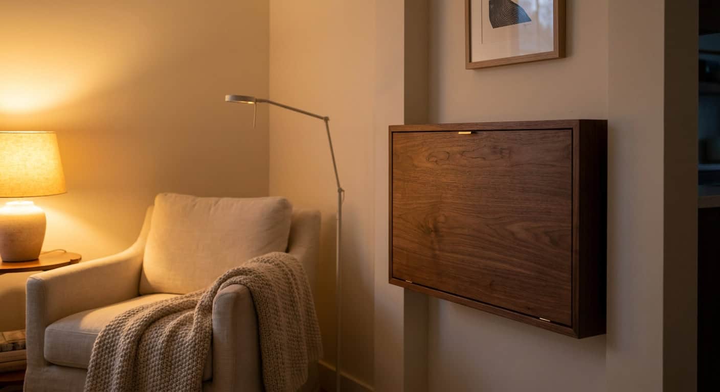Kleines Wohnzimmer mit einem an der Wand montierten Klappsekretär aus warmem Nussbaum in geschlossener Position, optisch wie ein eleganter Wandschrank mit glatter Front. Der Sekretär fügt sich nahtlos in die Wohnzimmerdekoration ein. Daneben ein gemütlicher Leinensessel in Creme mit Leselampe und Wolldecke. Kein Arbeitsmaterial sichtbar. Warmes Abendlicht in Bernsteintönen.