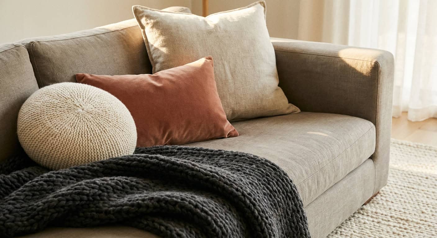 Nahaufnahme einer gestylten Sofaecke. Leinensofa in warmem Greige mit Kissenarrangement in verschiedenen Größen und Texturen: großes quadratisches Leinenkissen in Haferfarbe, kleineres Samtkissen in staubigem Terrakotta, rundes Strickkissen in Creme. Grob gestrickte Wolldecke in warmem Anthrazit lässig über die Armlehne drapiert. Darunter der Rand eines hochflorigen Wollteppichs in Naturweiß auf dem Boden. Warmes Seitenlicht von rechts, goldene Farbtemperatur.