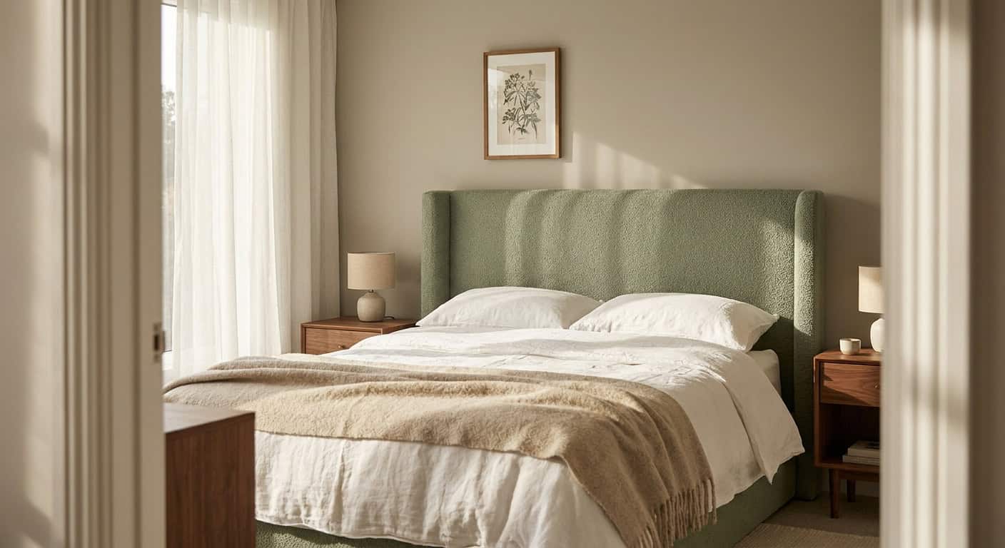 Ruhiges Schlafzimmer vom Eingang aus gesehen. Doppelbett an der Rückwand mit breitem Kopfteil in salbeigrünem Bouclé. Weiße Leinenbettwäsche mit sandfarbener Wolldecke am Fußende. Zwei Nachttische aus Nussbaum mit kleinen Keramiklampen. Wände in warmem Greige, botanischer Druck über dem Bett. Weiches Morgenlicht durch transparente Vorhänge.