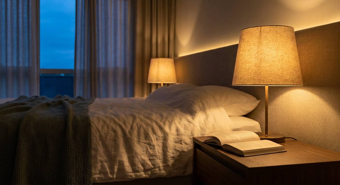 Schlafzimmer am Abend mit gedämpfter Beleuchtung. Zwei Nachttischlampen mit Leinenschirmen werfen warmes Licht auf die Nussbaum-Nachttische. Hinter dem Kopfteil ein dezenter LED-Streifen als indirekte Beleuchtung. Deckenleuchte ausgeschaltet. Bett mit weißem Leinen und salbeigrüner Decke, aufgeschlagenes Buch auf dem Nachttisch. Blaue Dämmerung am Fenster.