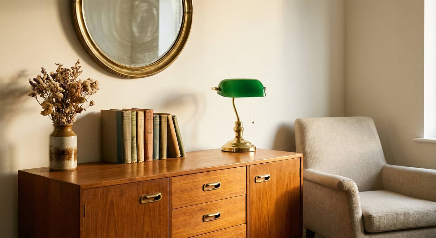 Wohnzimmerecke mit einem Vintage-Sideboard aus Teak der 1960er-Jahre mit Patina und Messinggriffen. Darauf eine Keramikvase mit Trockenblumen und ein Stapel alter Bücher. Daneben ein moderner Leinensessel in Haferfarbe.