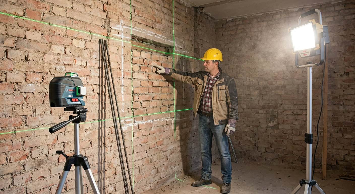 Bauingenieur mit Helm steht in einem teilweise entfernten Raum und zeigt auf eine tragende Ziegelwand mit Kreidemarkierungen für einen geplanten Durchbruch. Ein Laser-Nivelliergerät projiziert grüne Linien auf die Wand, Stahlträger für den Sturz lehnen daneben.