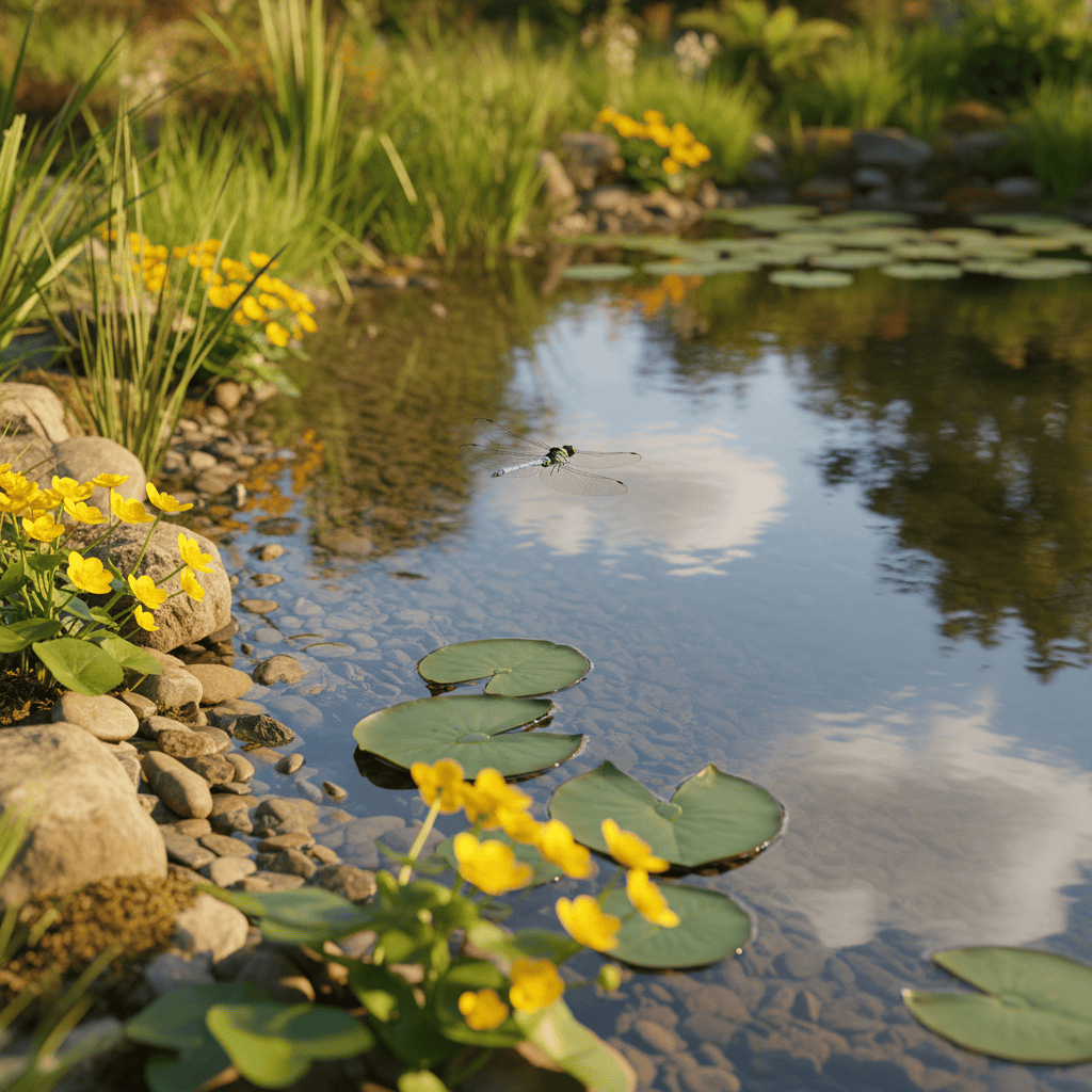 Kleiner Naturteich im Garten mit flachem Kiesufer und tieferem Zentrum. Sumpfdotterblumen blühen gelb am Rand, Seerosenblätter schwimmen auf der Oberfläche. Eine blaue Libelle schwebt über dem Wasser, ein Molch ist knapp unter der Oberfläche sichtbar. Flache Steine am Uferrand.