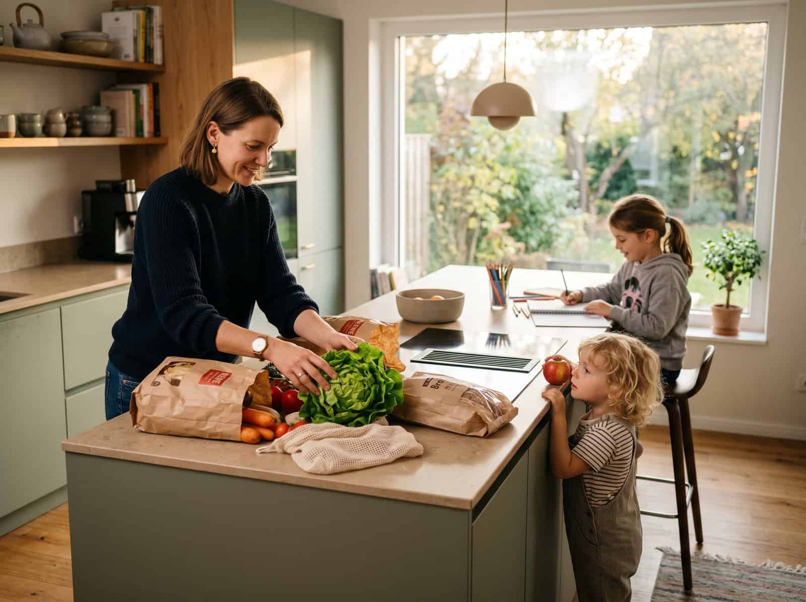 Familie in einer modernen Küche zur Abendzeit, mehrere Aufgaben gleichzeitig