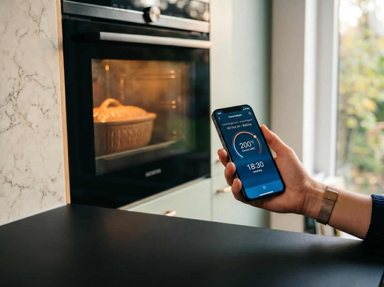 Vernetzter Backofen mit Smartphone-Benachrichtigung in einer Familienküche