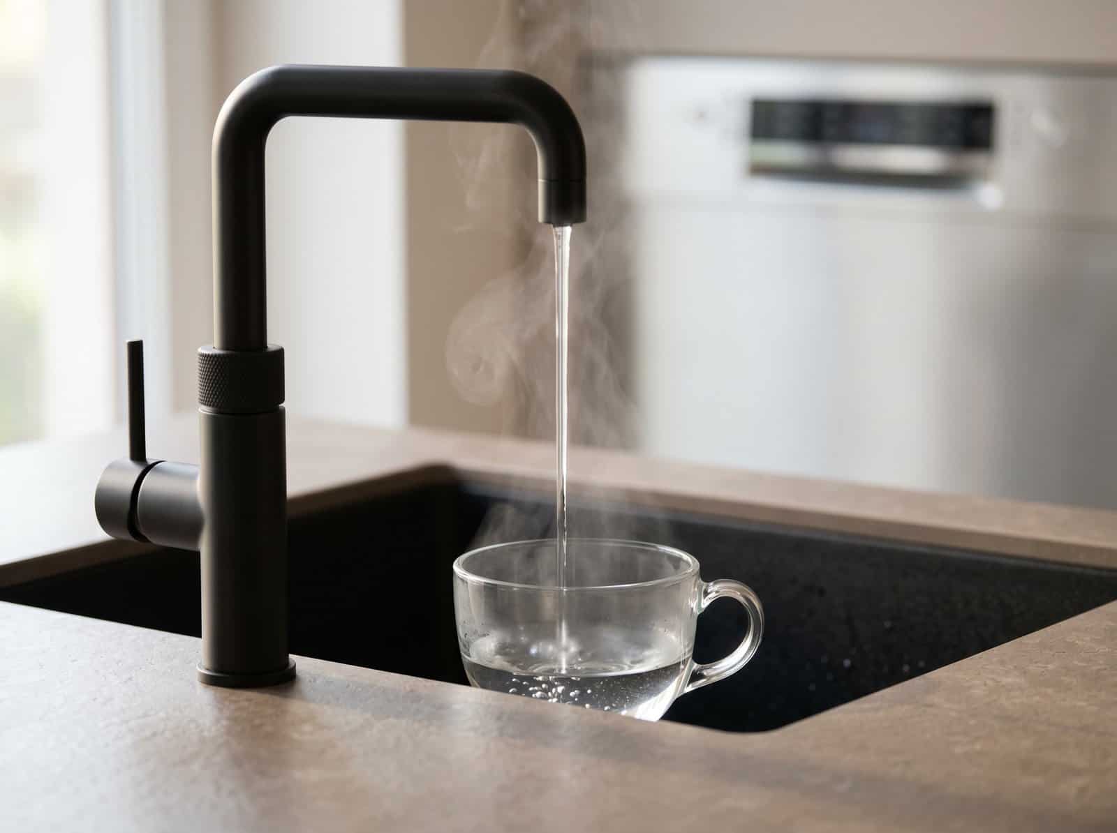 Drei-in-eins-Armatur mit Heißwasserfunktion in einer Küchenarbeitsplatte