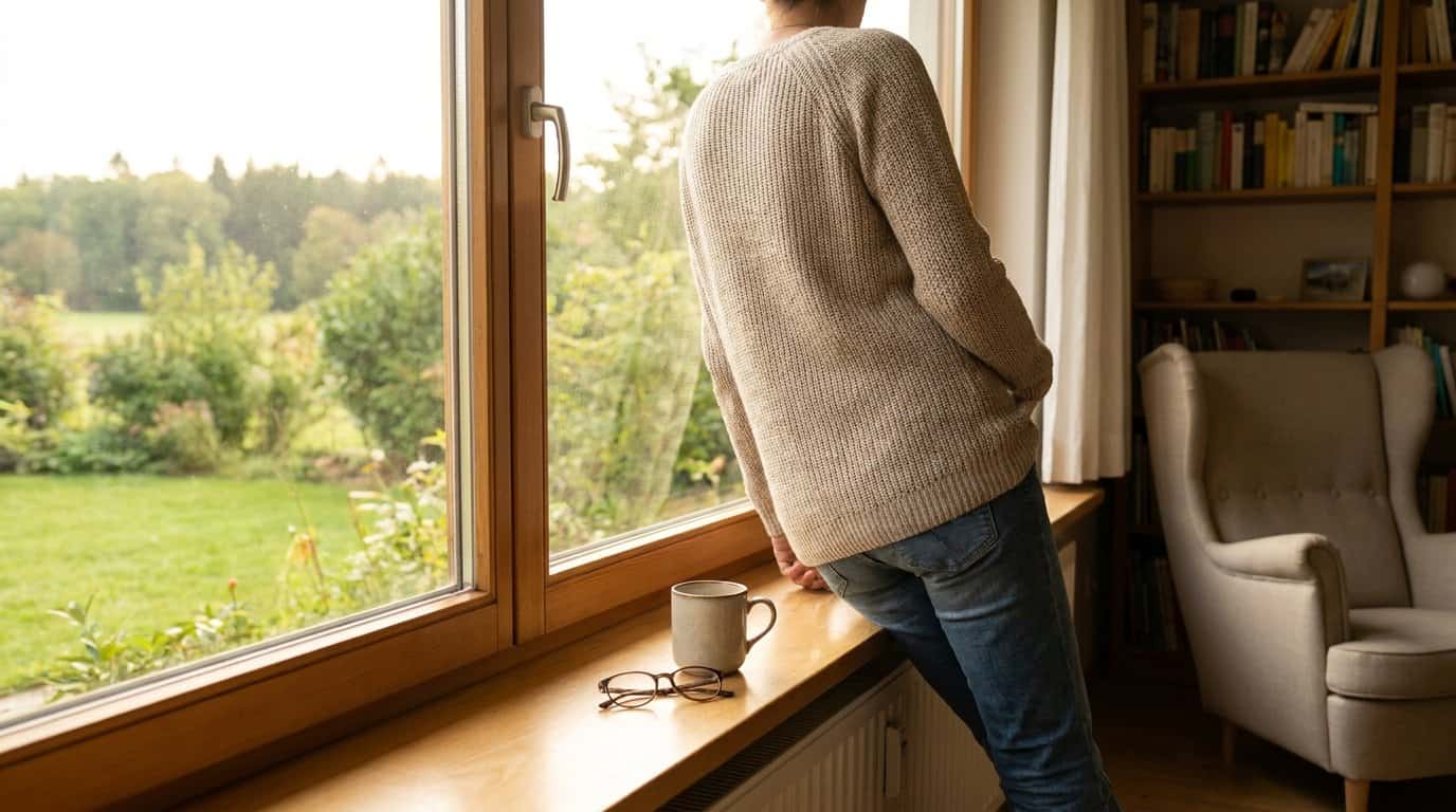Kurze Sehpause am Fenster, um die Augen am Bildschirm zu entlasten