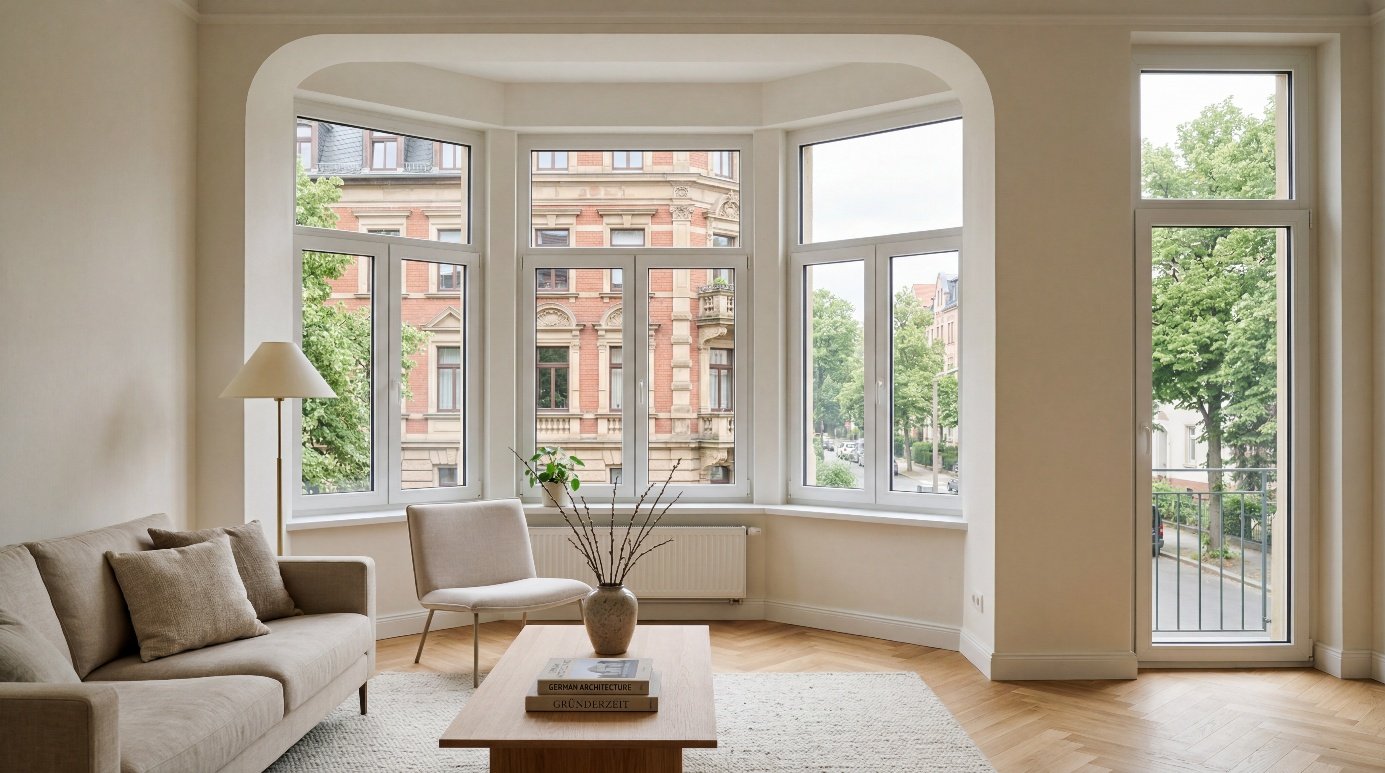 Helles Altbau-Wohnzimmer mit großen Kunststofffenstern und viel Tageslicht