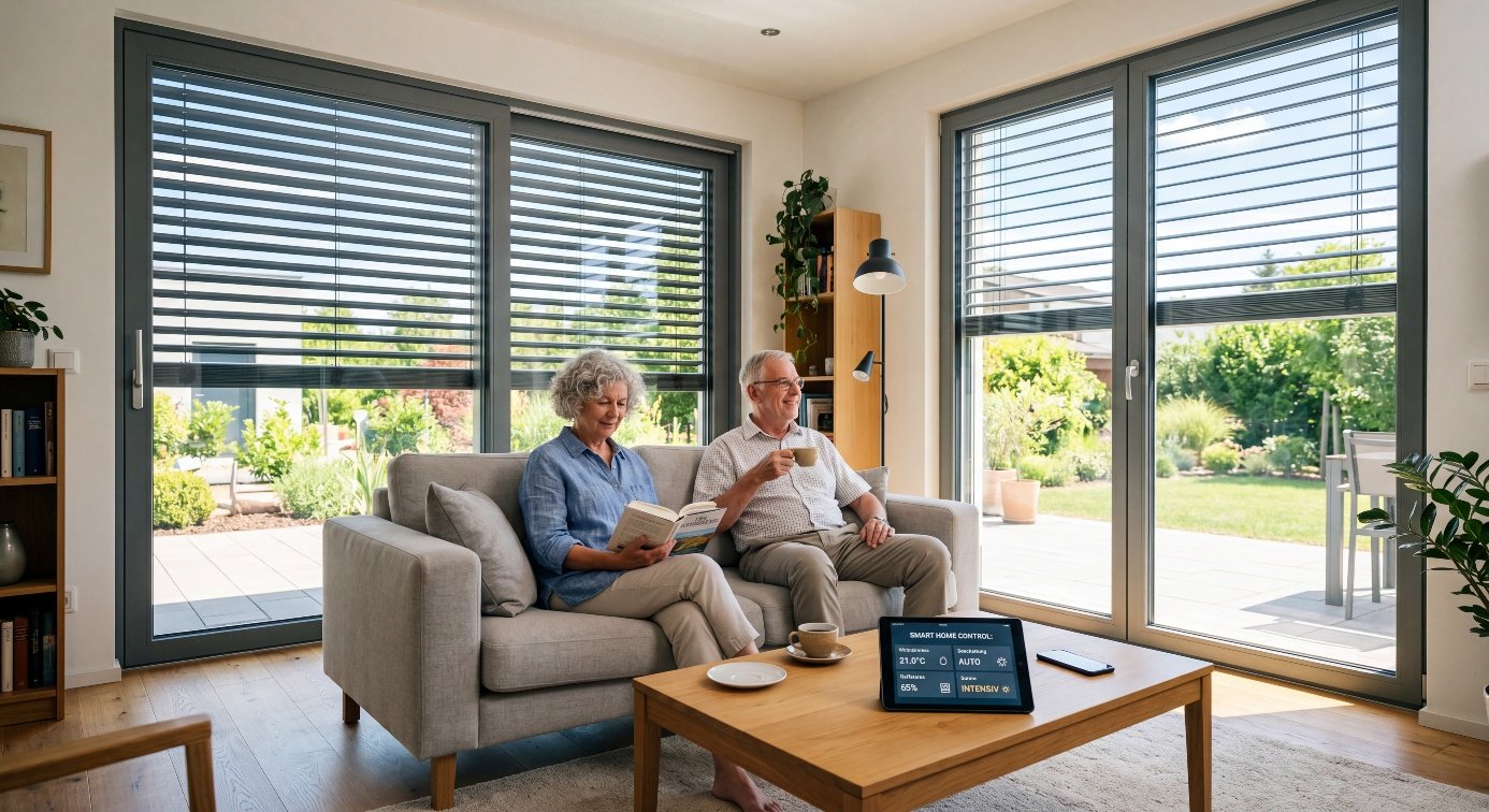 Altersgerechter Umbau: älteres Paar im hellen Wohnzimmer mit Smart-Home-Sonnenschutz