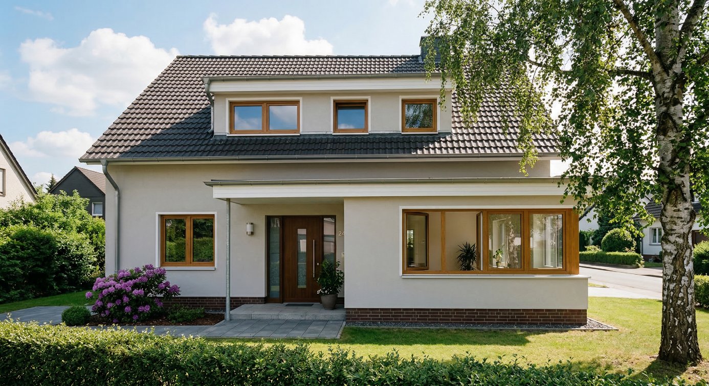 Einfamilienhaus mit Kunststofffenstern in Holzoptik