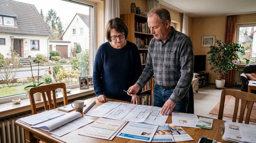 Dämmung und Sanierung: Hausbesitzer-Paar prüft Beratungsunterlagen am Esstisch