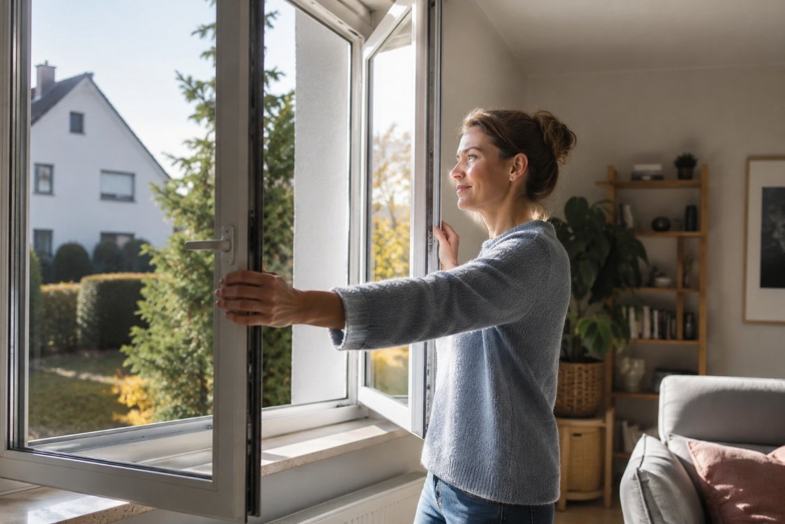Frau lüftet durch ein geöffnetes Fenster in einem hellen Wohnzimmer