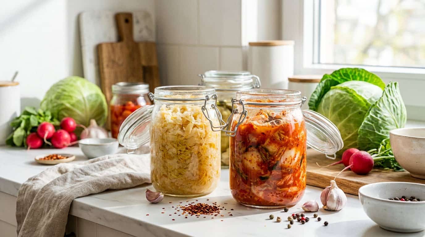 Selbst eingelegtes Sauerkraut und Kimchi im Glas zur Förderung der Darmgesundheit