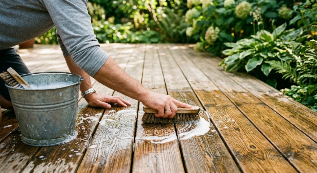 Hände schrubben eine Holzterrasse mit einer Wurzelbürste und Seifenwasser in Faserrichtung.