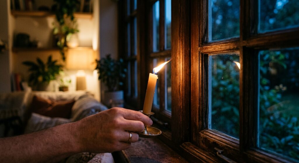 Brennende Kerze am Fensterrahmen, deren Flamme durch Zugluft zur Seite geneigt ist.