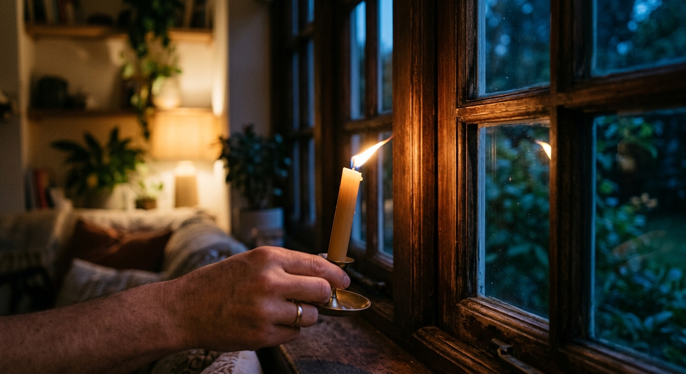 Brennende Kerze am Fensterrahmen, deren Flamme durch Zugluft zur Seite geneigt ist.