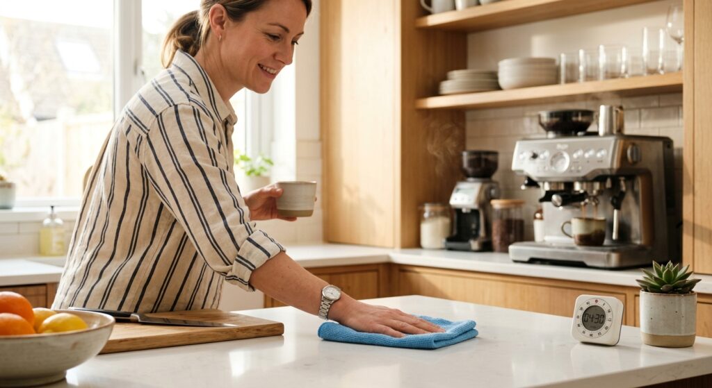 Person wischt die Küchenarbeitsplatte, während im Hintergrund die Kaffeemaschine läuft und ein Timer bereitsteht.