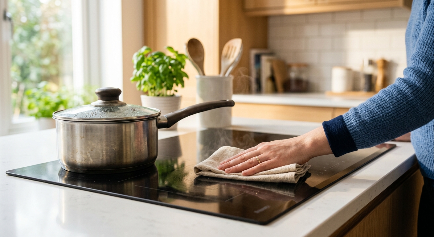 Hände wischen den noch lauwarmen Herd direkt nach dem Kochen mit einem Tuch ab.
