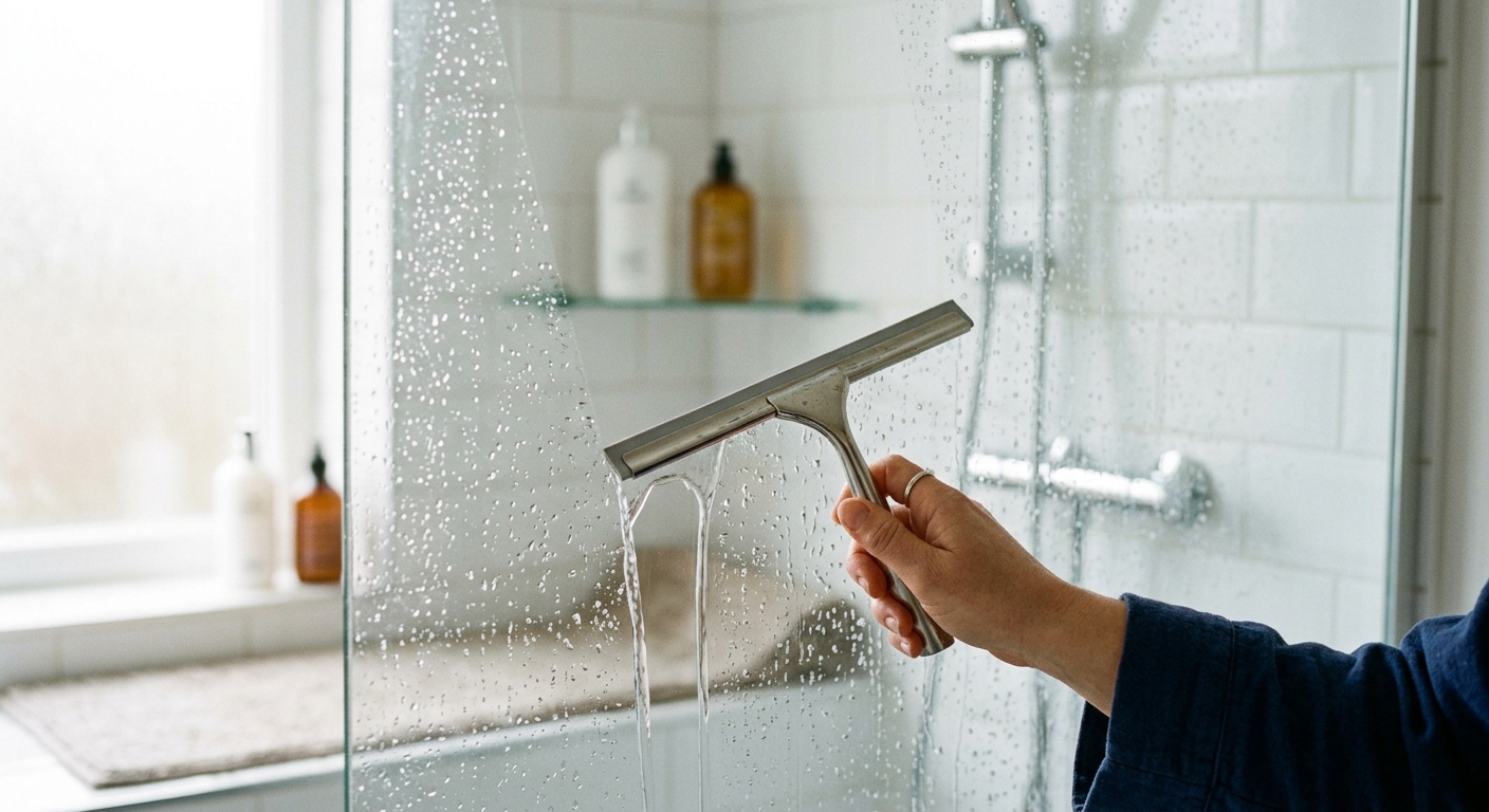 Hand zieht mit einem Abzieher das Wasser von einer Glasduschwand ab.
