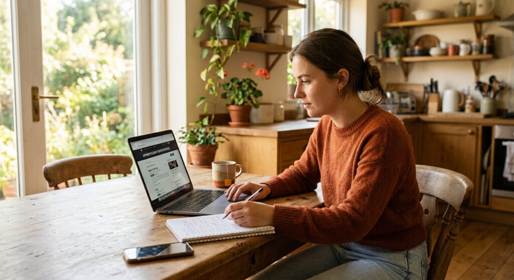 Junger Mensch recherchiert am Laptop nach freien Ausbildungsplätzen und macht sich Notizen.