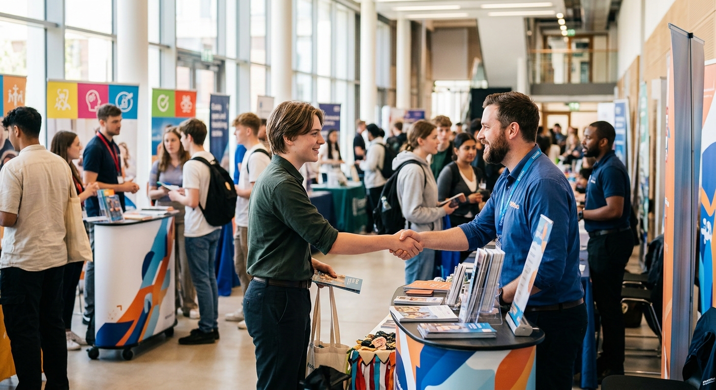 Junger Mensch im Gespräch mit einem Betriebsvertreter an einem Stand einer Ausbildungsbörse.