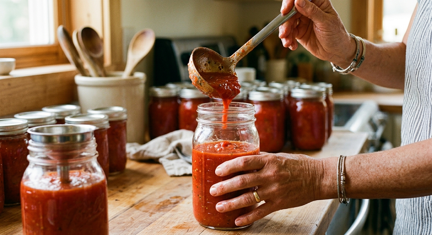 Hände füllen frische Tomatensauce in sterilisierte Einmachgläser, weitere gefüllte Gläser stehen daneben.
