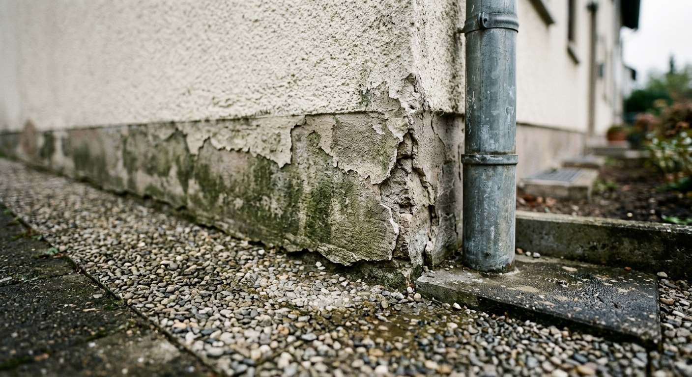 Sockel einer Hausfassade mit Kiesstreifen, abgeplatztem Putz und Algenbelag neben einem Fallrohrauslass