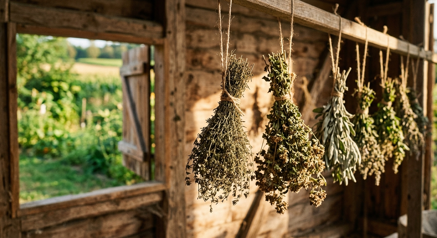 Kräuterbündel aus Thymian, Oregano und Salbei hängen kopfüber zum Trocknen an einer Holzleiste