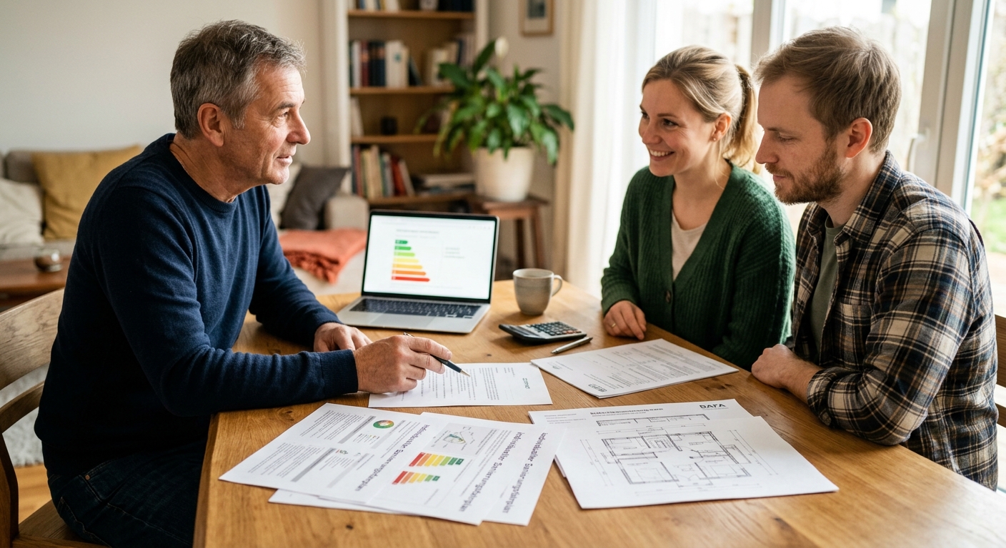 Energieberater bespricht mit Eigentümern Sanierungsfahrplan und Förderunterlagen am Tisch