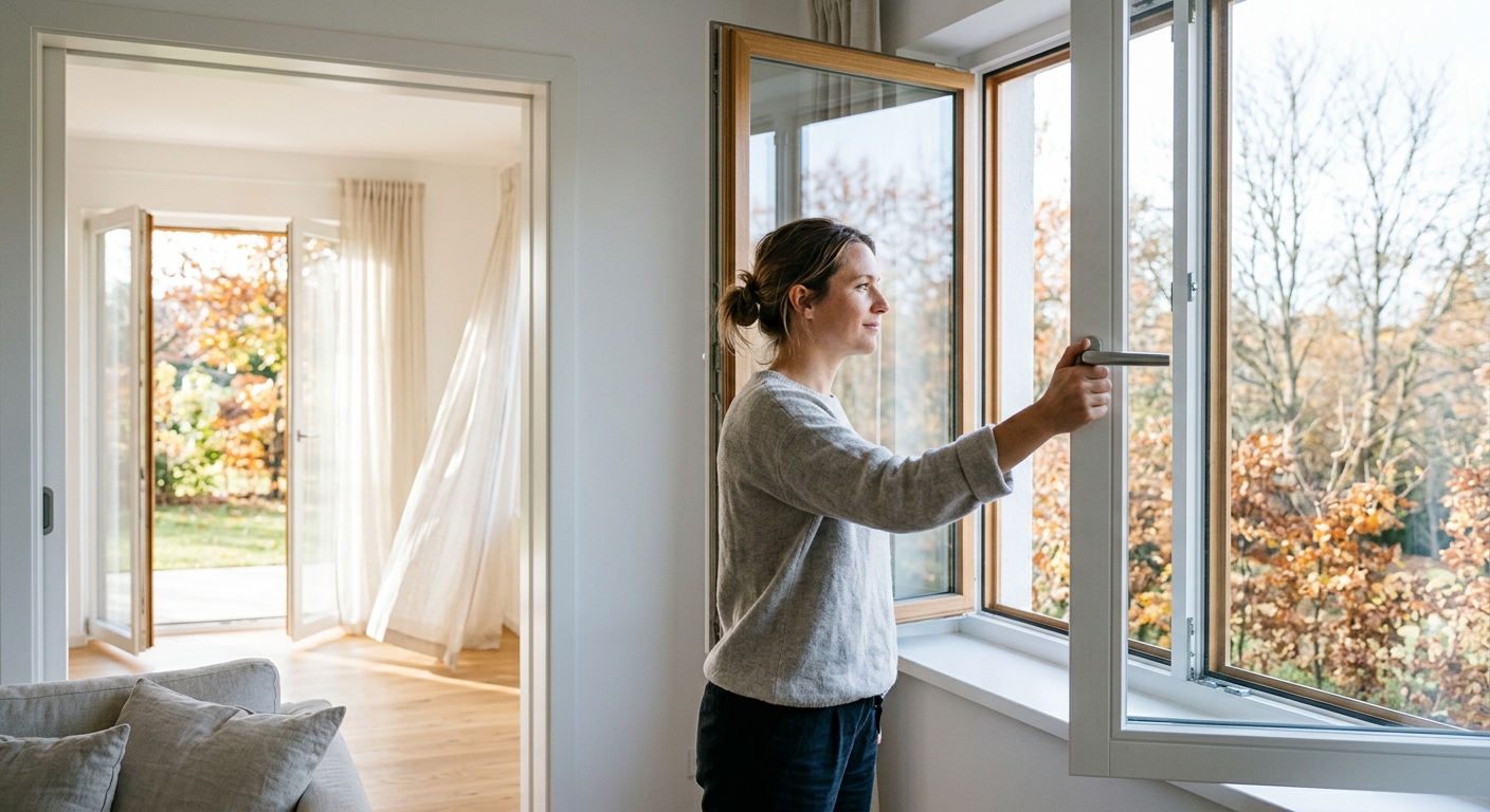 Frau öffnet ein Fenster weit, im Hintergrund ein zweites geöffnetes Fenster für den Durchzug