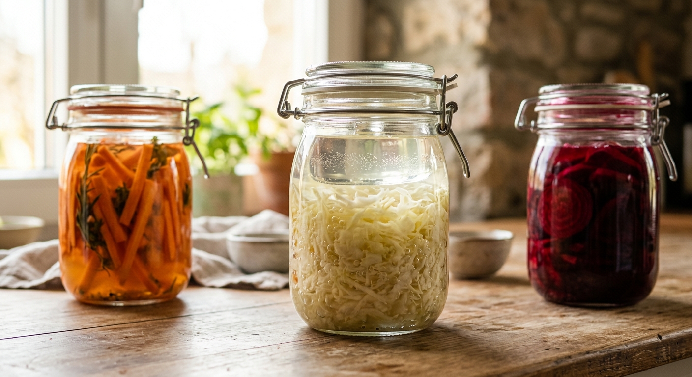 Drei Bügelgläser mit fermentierendem Weißkohl, Möhren und Roter Bete mit sichtbaren Gasbläschen
