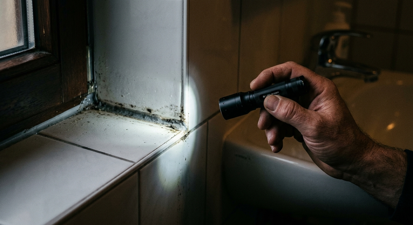 Taschenlampe leuchtet im Streiflicht eine Silikonfuge im Badezimmer ab, dunkle Punkte werden sichtbar