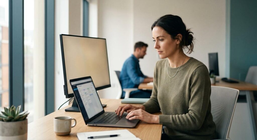 KI als Partner im Büro: Mitarbeiterin nutzt am Schreibtisch einen KI-Assistenten