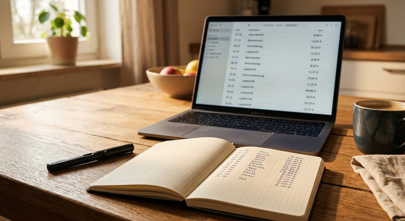 Laptop mit Liste wiederkehrender Kontoumsätze, daneben Notizbuch mit handschriftlicher Aufstellung zum Verträge prüfen