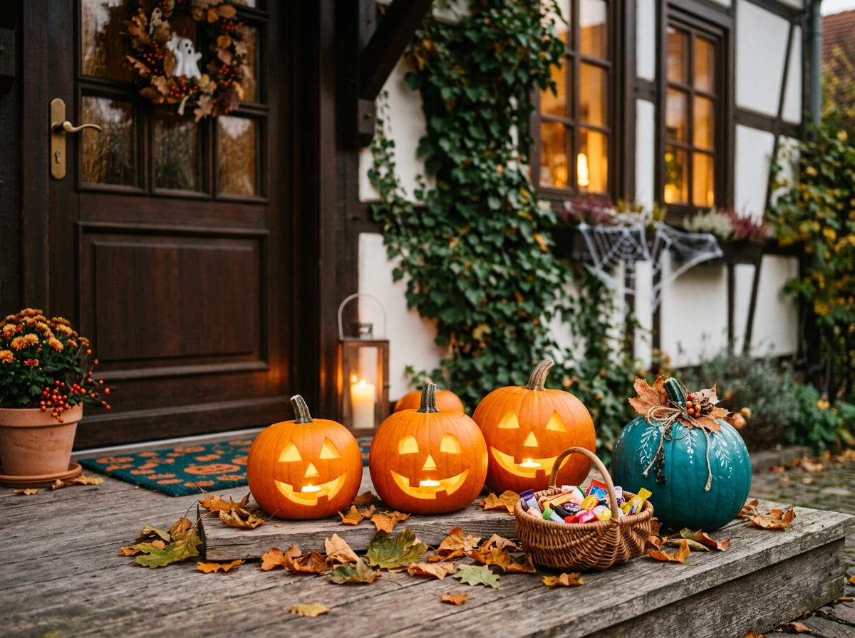 Beleuchtete Kürbisse und ein türkis bemalter Kürbis auf einer Hausschwelle mit Herbstlaub und einer Süßigkeitenschale im Abendlicht.