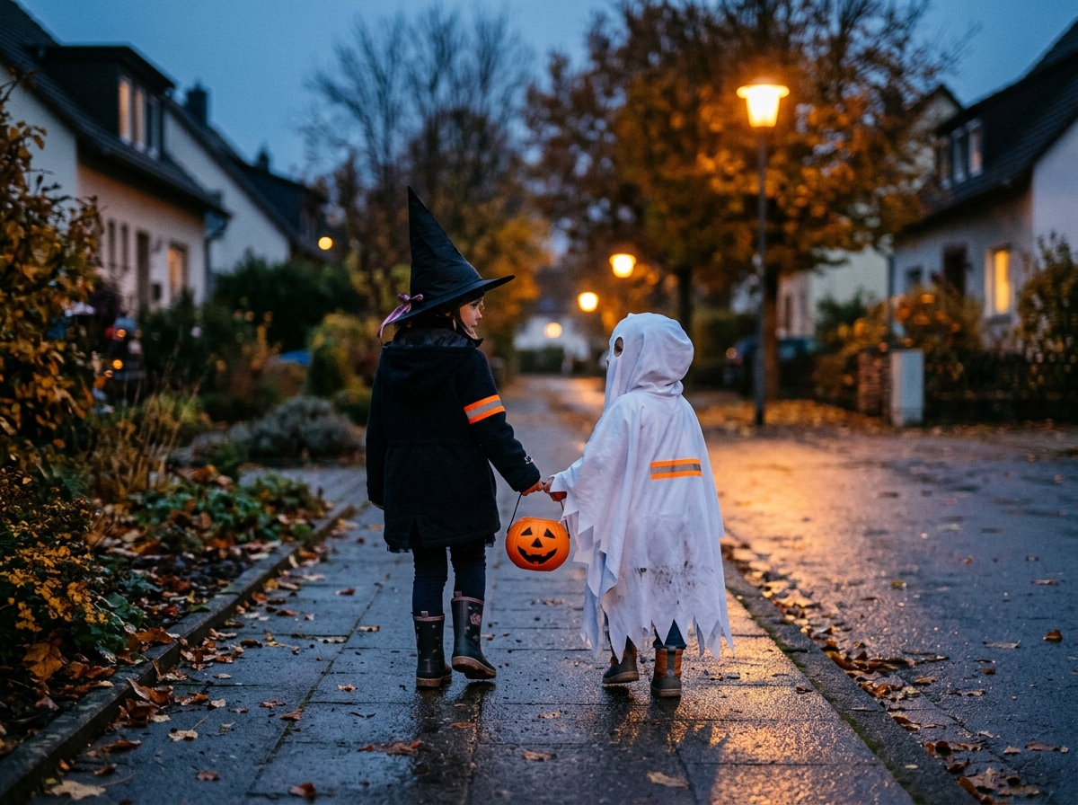 Zwei Kinder als Hexe und Geist mit Kürbis-Eimer und Reflektorstreifen auf nasser Straße im Dämmerlicht unter einer warmen Straßenlaterne.