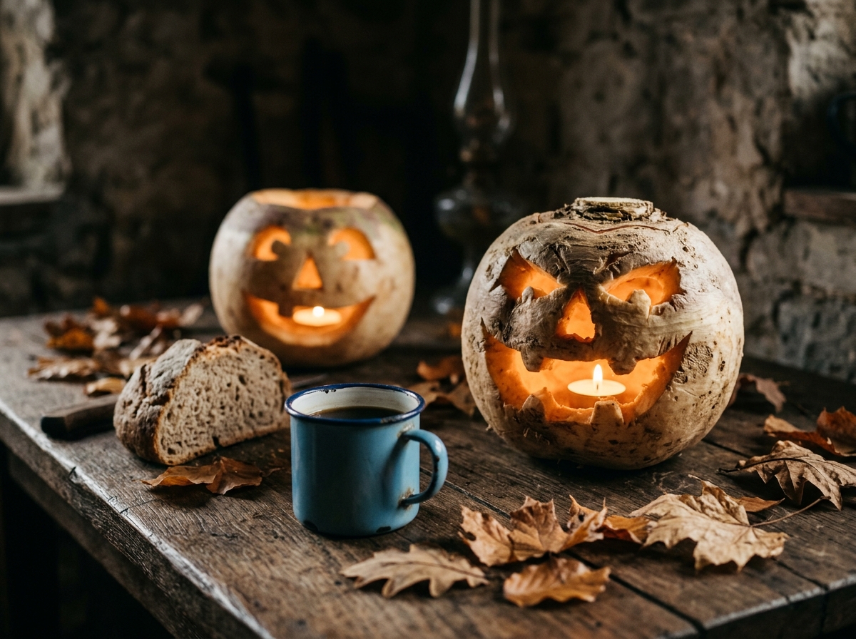 Zwei traditionelle Rübenlaternen mit von Hand geschnitzten Gesichtern auf einem dunklen Holztisch, warm beleuchtet von einer Kerze, im Hintergrund Herbstlaub und Brot.