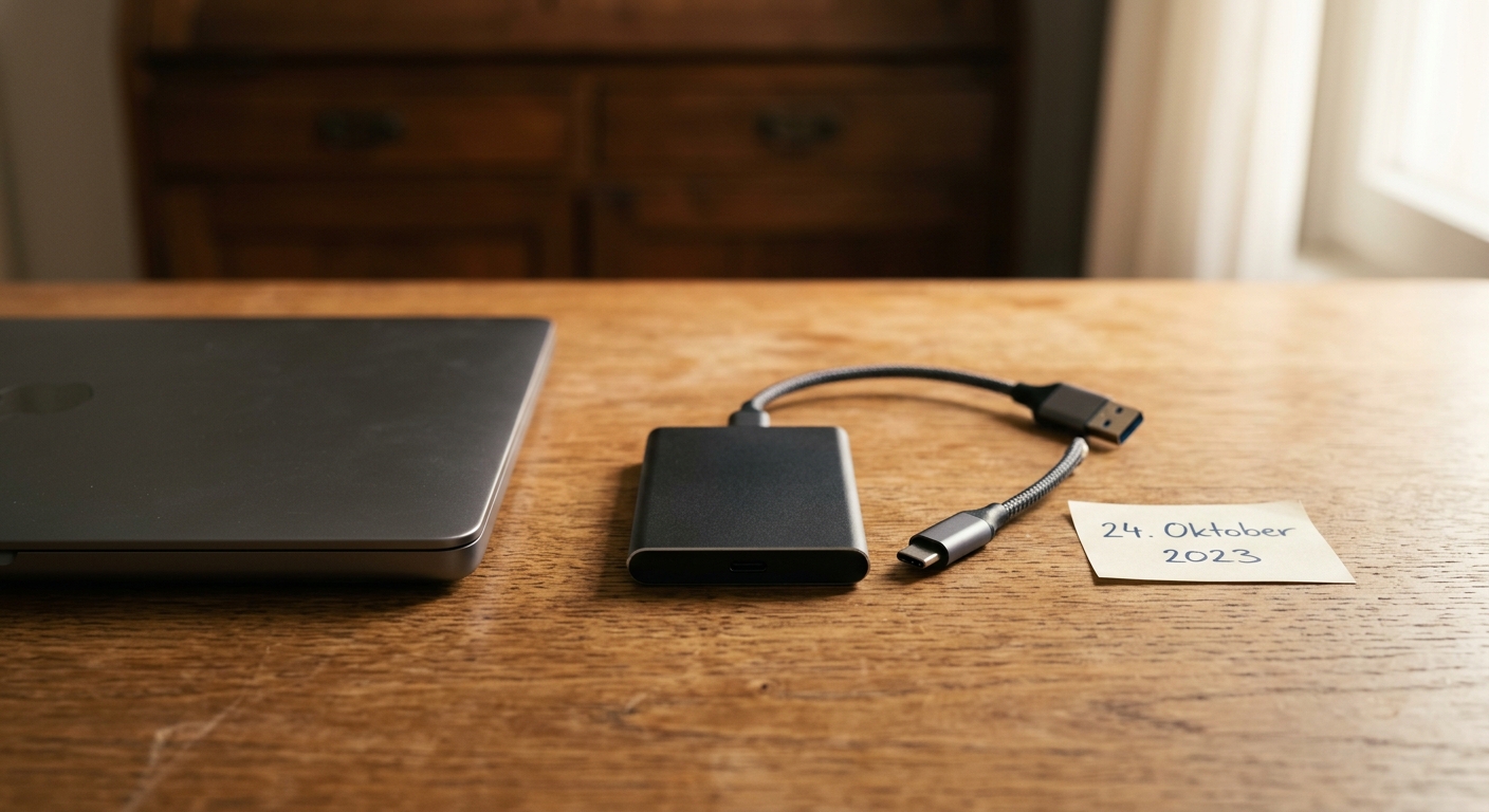 Externe SSD mit abgezogenem USB-Kabel neben einem Notebook, daneben beschrifteter Aufkleber mit Datum