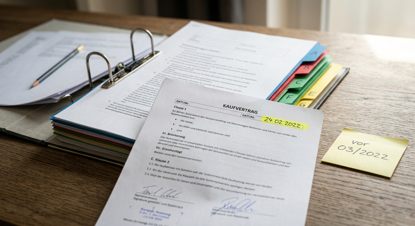 Vertragsdokument mit gelb markiertem Abschlussdatum in einem Ordner, daneben Klebezettel mit Notiz