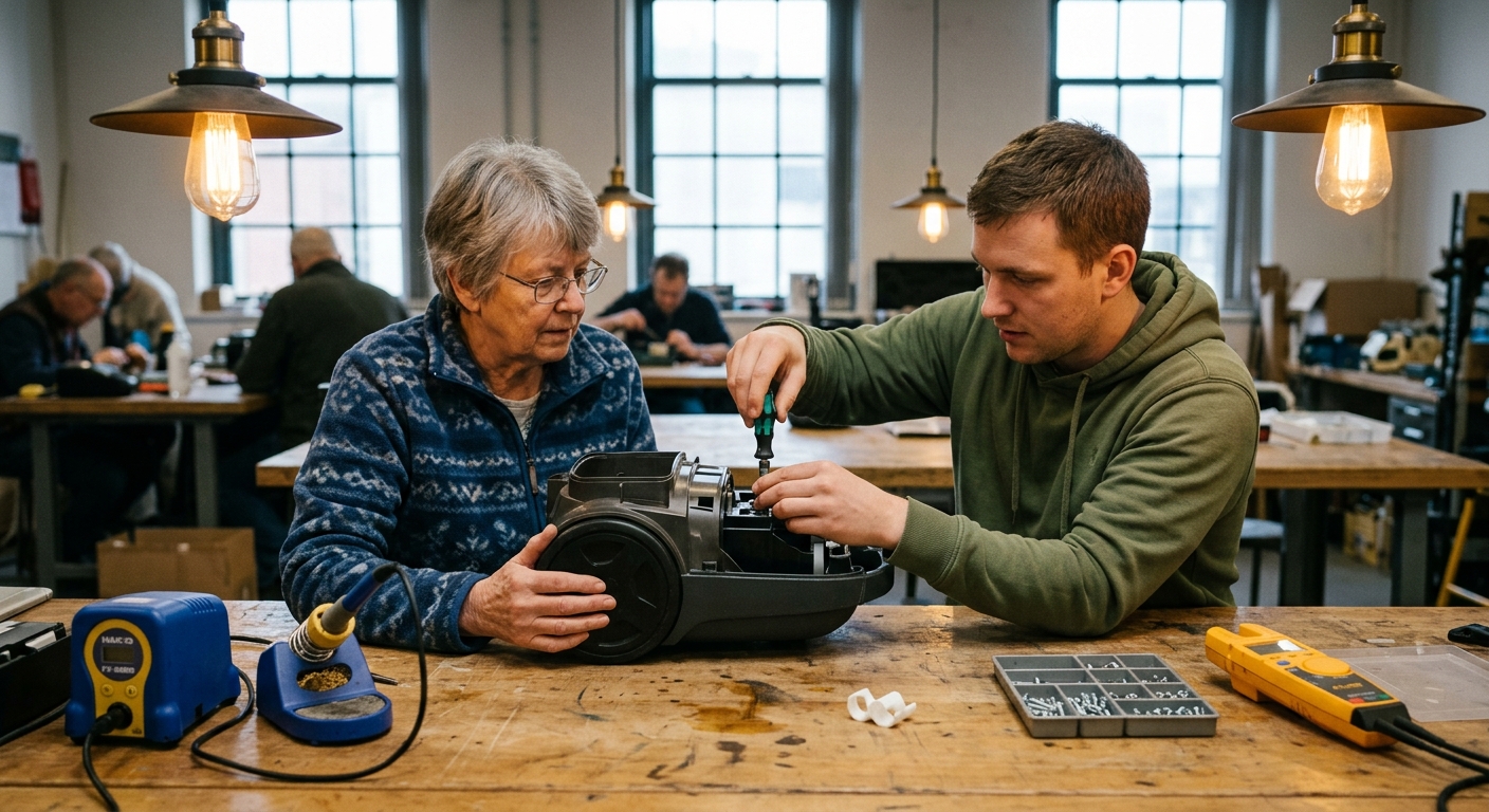 Zwei Personen reparieren gemeinsam einen Staubsauger an der Werkbank eines Repair-Cafés