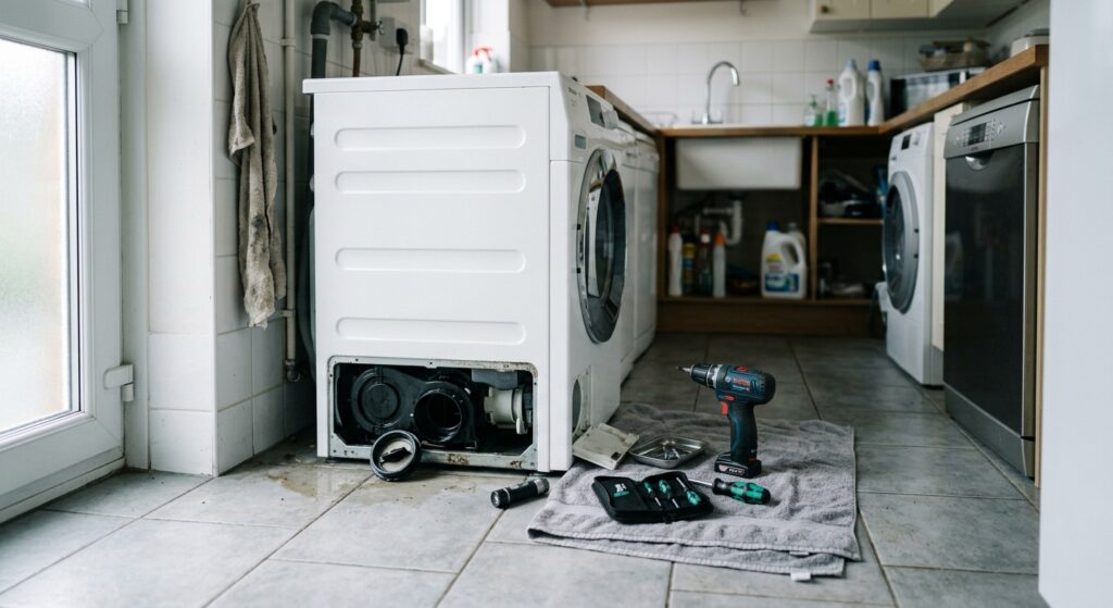 Geöffnete Waschmaschine mit Pumpenfilter und Akkuschrauber, Ersatzteil-Reparatur im Hauswirtschaftsraum zur Umsetzung des Rechts auf Reparatur