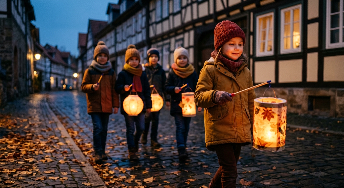 Kinder mit selbst gebastelten Papierlaternen auf einer Dorfstraße in der Abenddämmerung