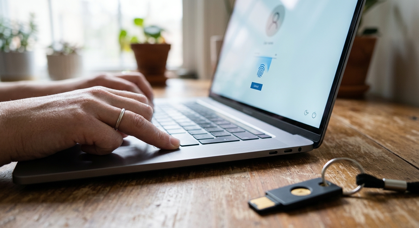 Daumen auf dem Fingerabdrucksensor eines Notebooks, daneben ein Hardware-Sicherheitsschlüssel für digitale Ordnung
