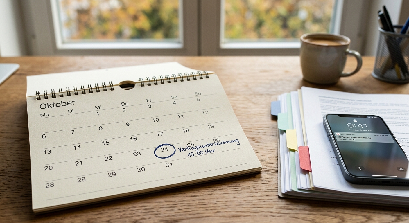 Papierkalender mit markiertem Oktobertermin, daneben sortierte Vertragsunterlagen mit farbigen Reitern