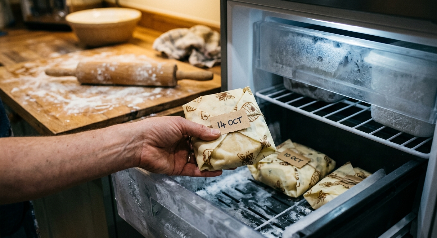 Portionierte Teigscheiben mit beschrifteten Etiketten werden in eine Gefrierschublade gelegt.