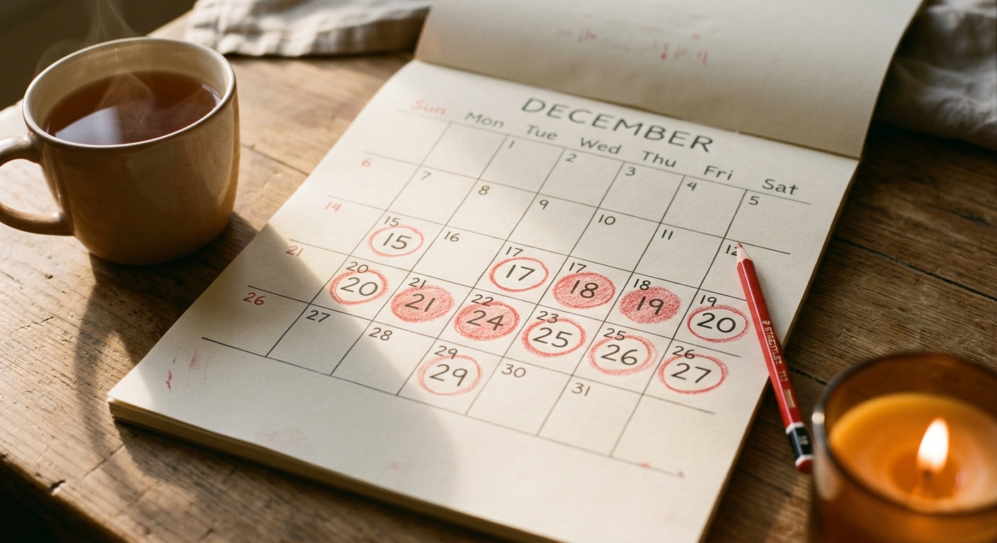 Papierkalender für Dezember auf einem Küchentisch mit rot markierten Terminen und einem Stift, um den Advent zu planen.