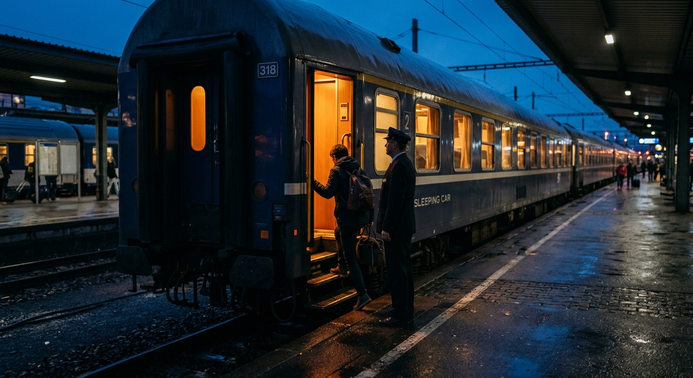 Nachtzug am Bahnsteig in der Dämmerung für eine Winterreise mit der Bahn, warm beleuchtete Schlafwagenfenster, ein Reisender steigt ein.