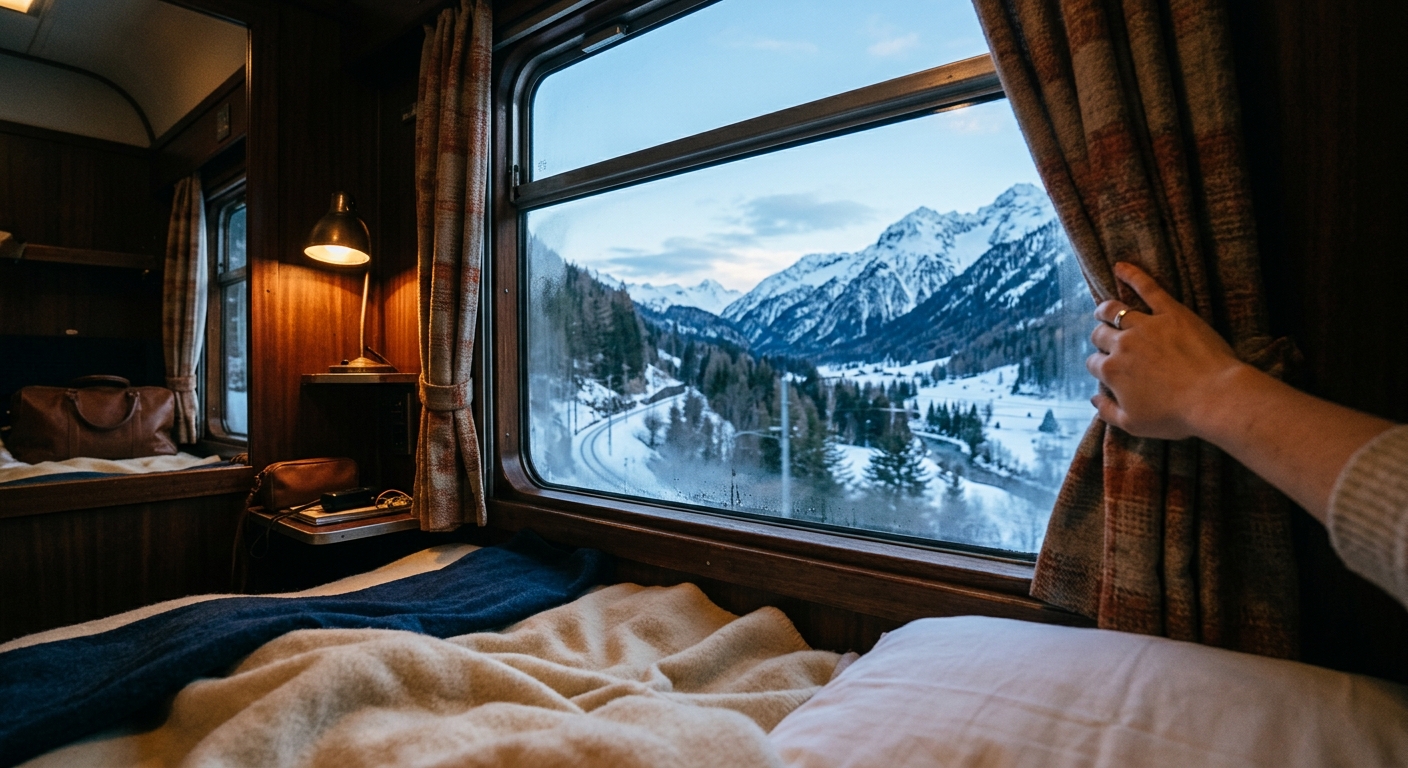 Hand schiebt im Schlafwagen den Vorhang zur Seite, draußen zieht eine verschneite Landschaft vorbei.