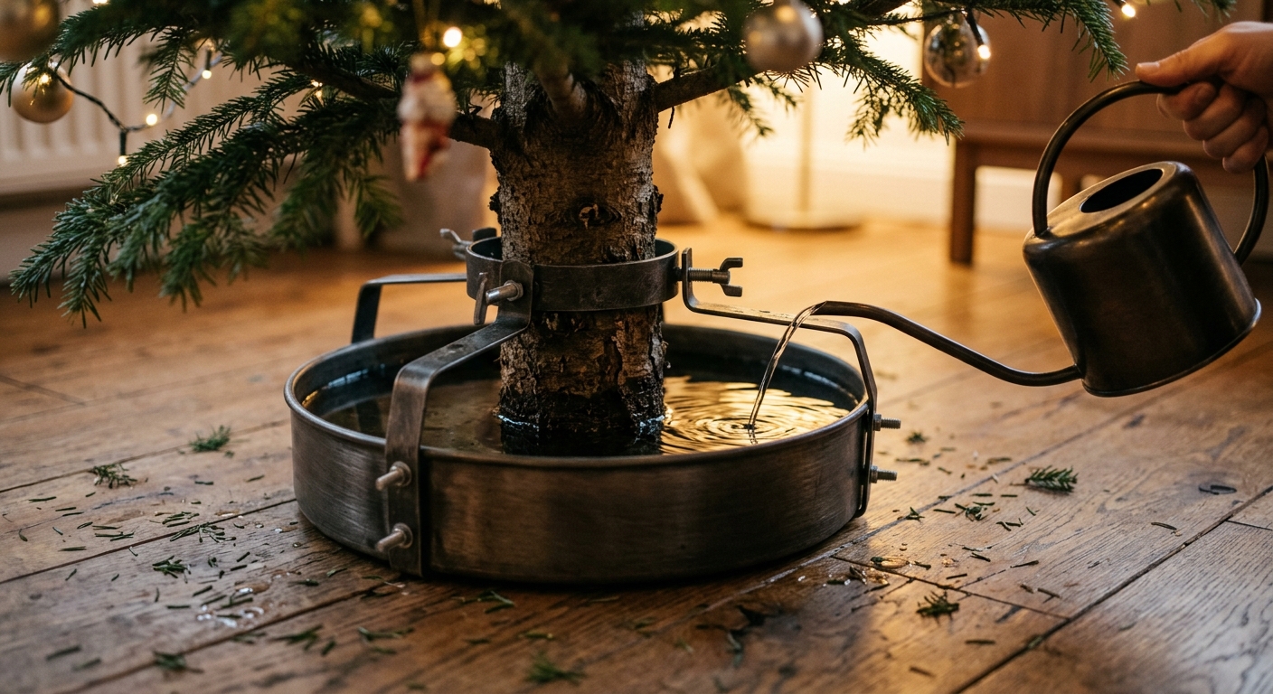 Wasser wird mit einer Kanne in das Reservoir eines Christbaumständers nachgefüllt.